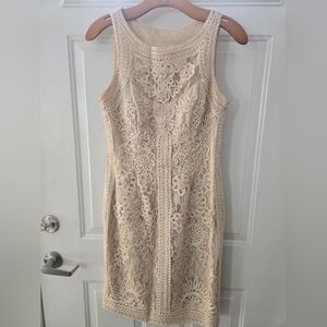 Sue Wong Beige Floral Lace Midi Dress
